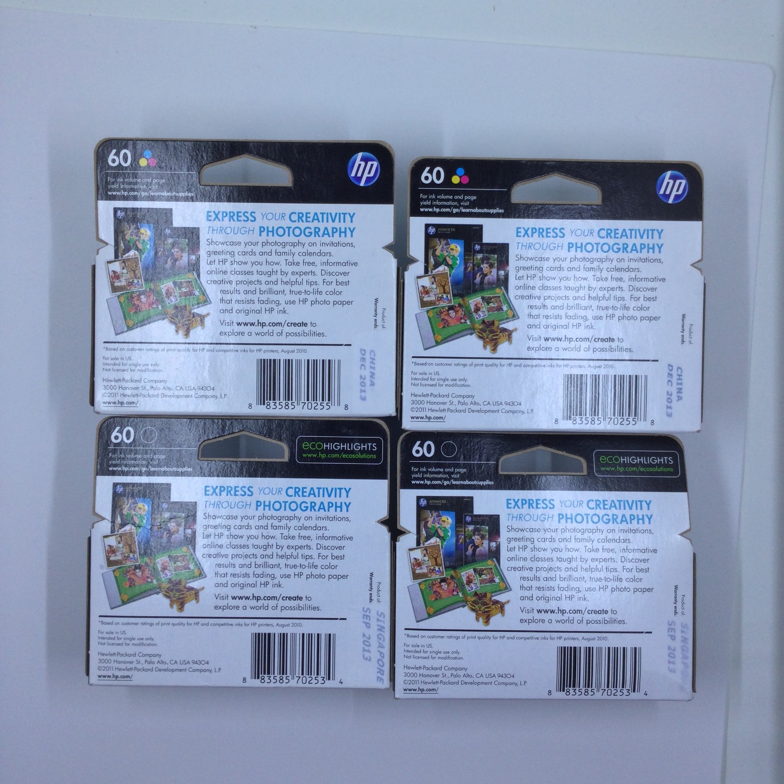 New Genuine HP (2) 60 Black (2) 60 Tri-Color Ink Cartridge Lot Exp Sep-Dec/2013