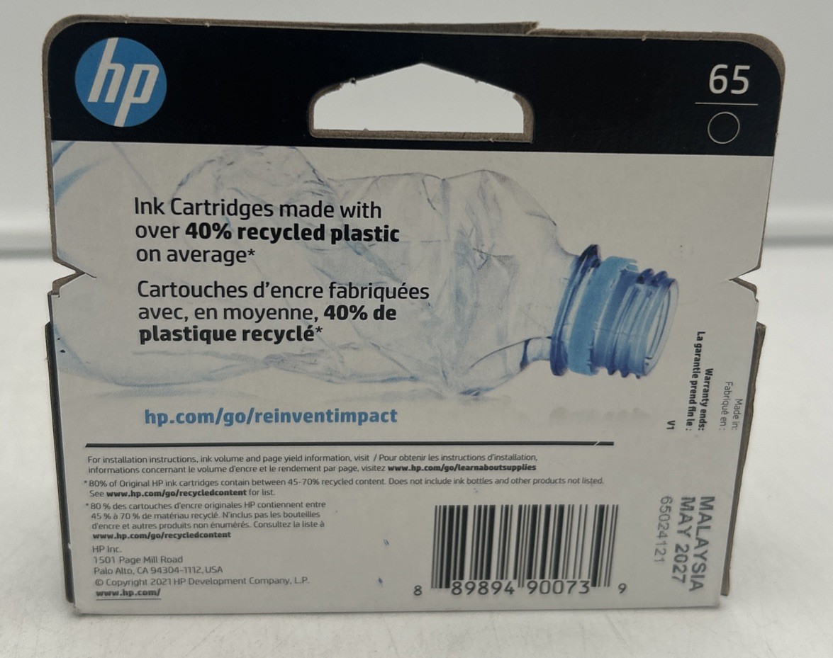 Genuine – HP 65 – N9K02AN – Black Noir Ink Cartridge – NEW – May 2027