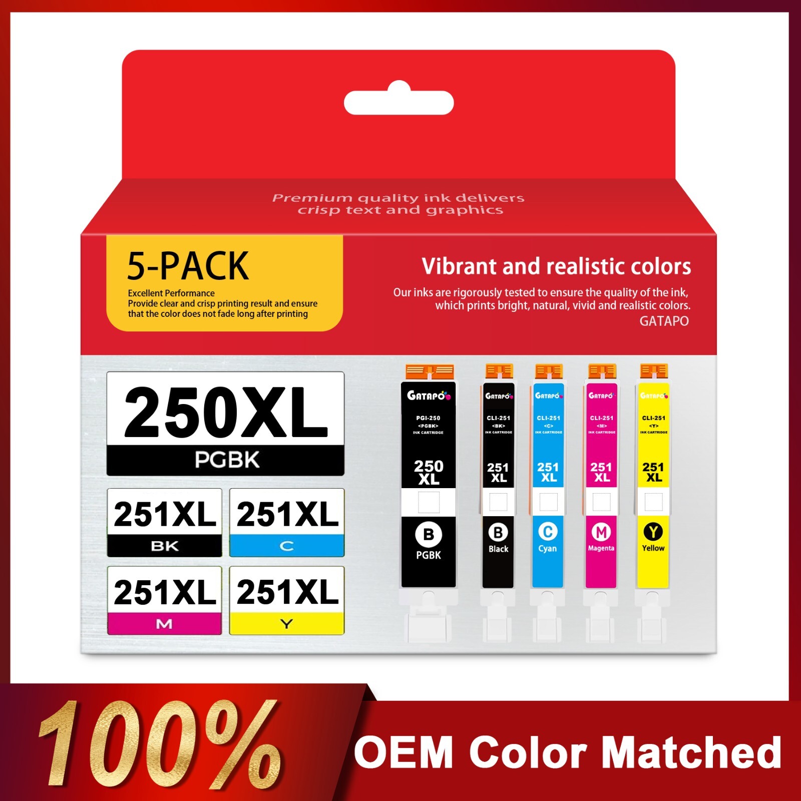 GATAPO® PGI-250XL CLI-251XL Ink Set (5-Pack) for Canon MG5422 MG5522 Printers