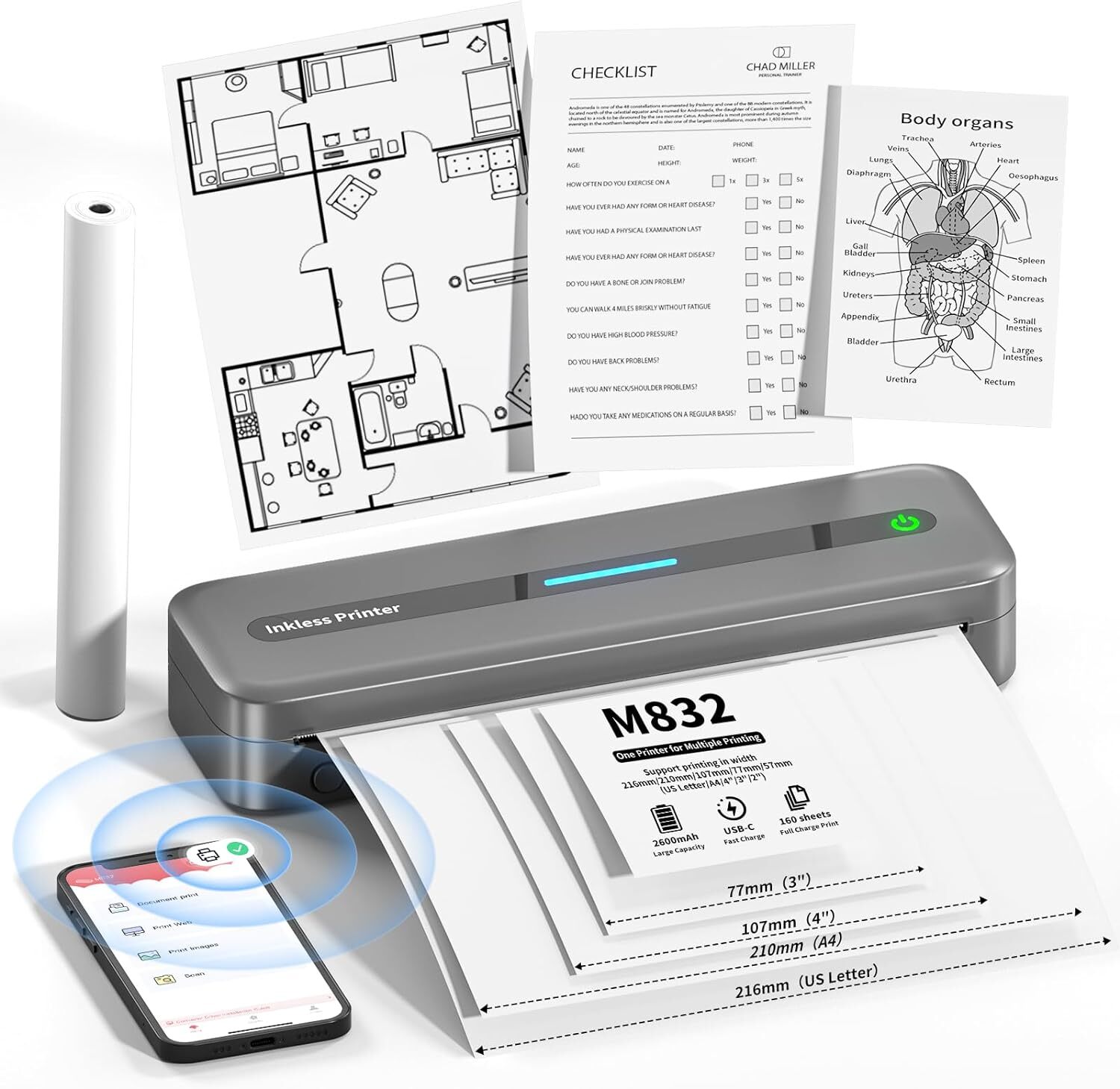Phomemo Printer M832 Inkless Bluetooth Thermal Printer Support A4 & US Letter