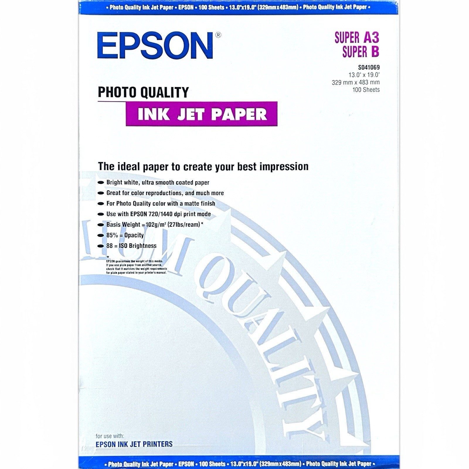 Epson 13×19 Super A3 Super B Photo Quality Inkjet Paper Matte 75 Sheets S041069