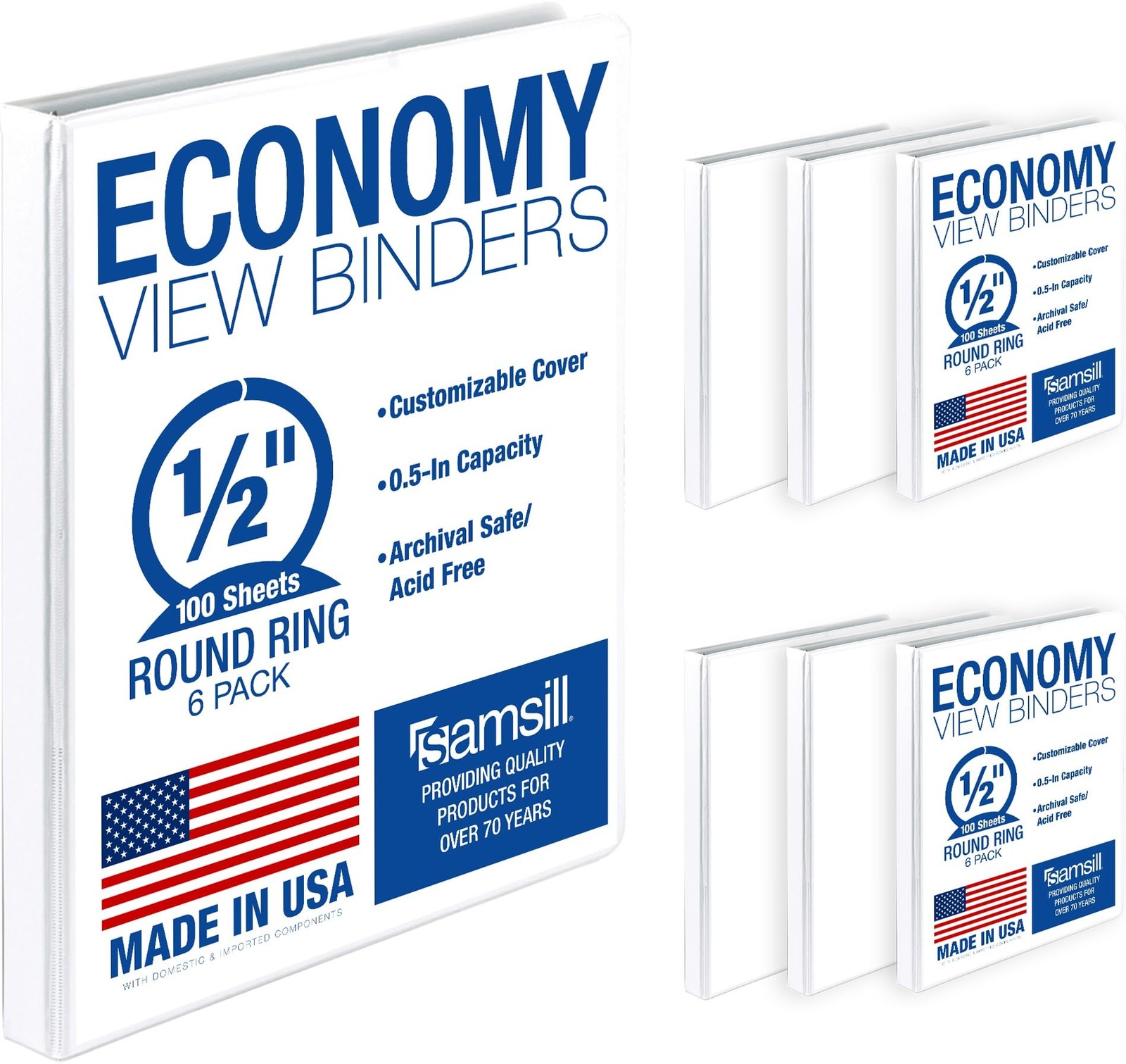 3 Ring Binder 0.5 Inch 100 Sheet Capacity White 6 Pack Samsill Economy Round
