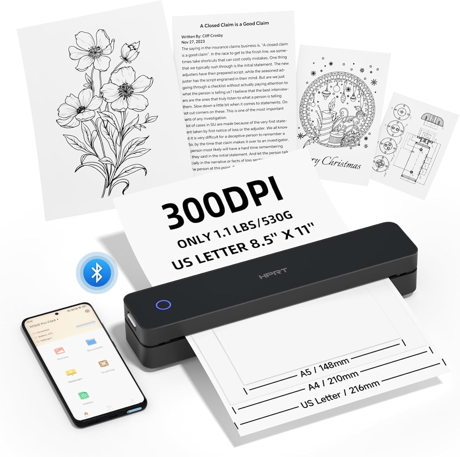 Portable Printer Wireless for Travel, 8.5″ X 11″ US Letter Thermal Inkless BT