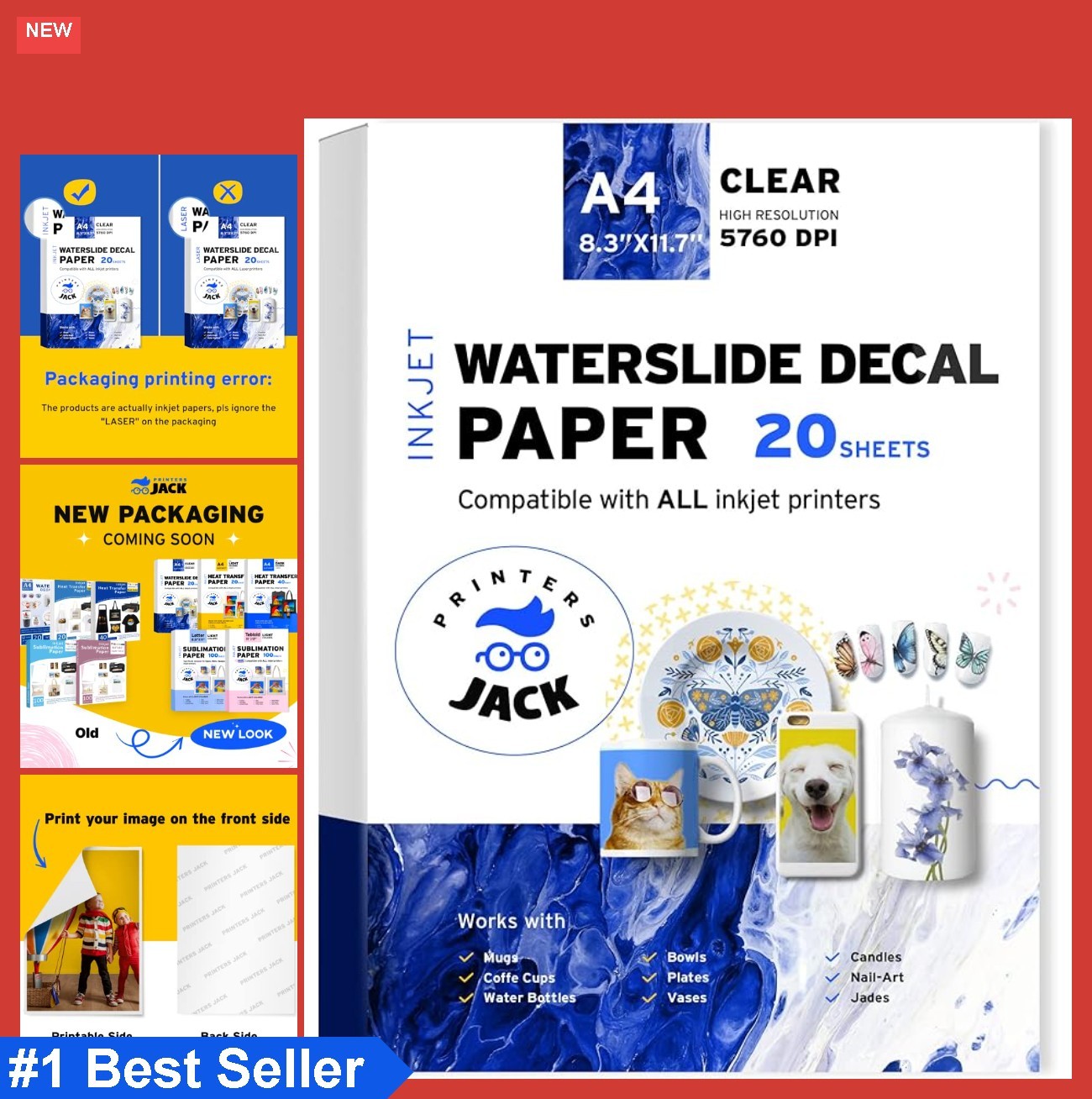 Water Slide Decal Paper 20 Sheets A4 Inkjet Clear Printable Transfer for