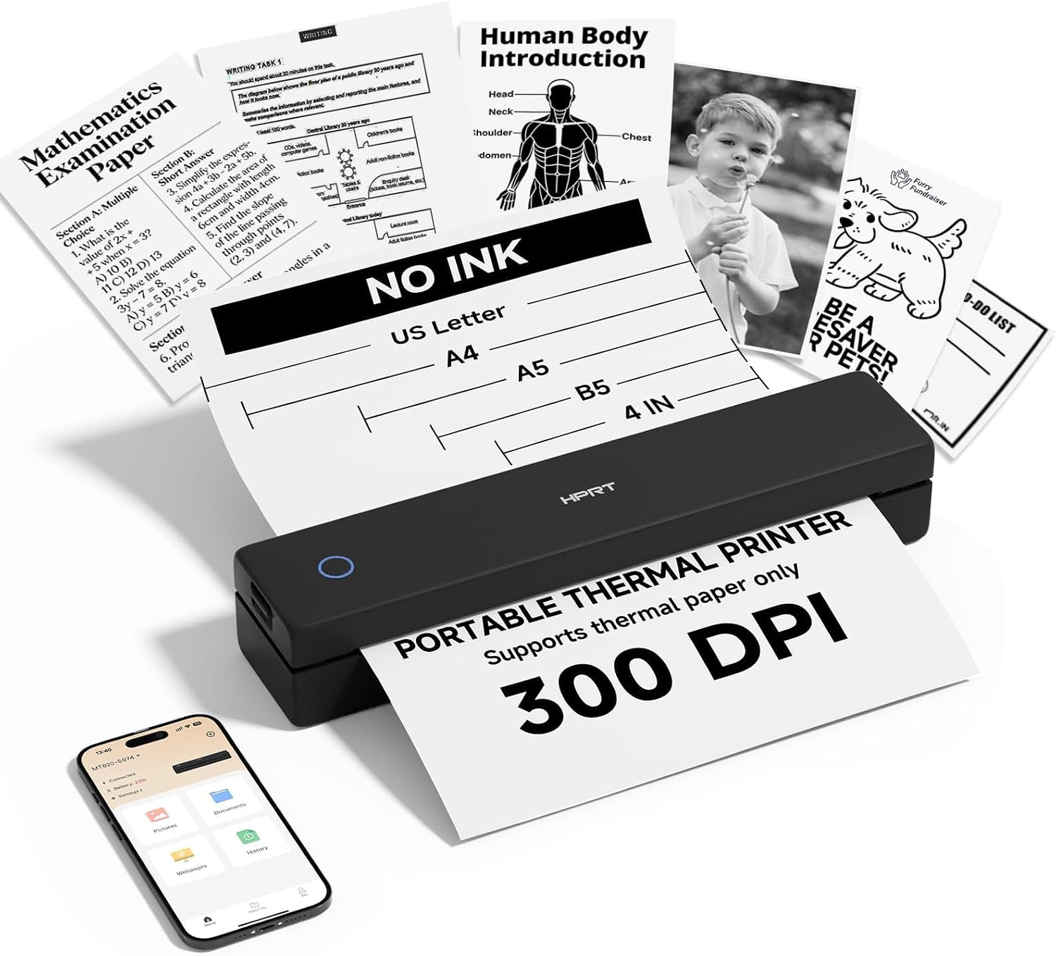 Inkless Portable Printer Wireless for Travel,Thermal Printer Supports 8.5″ X 11″