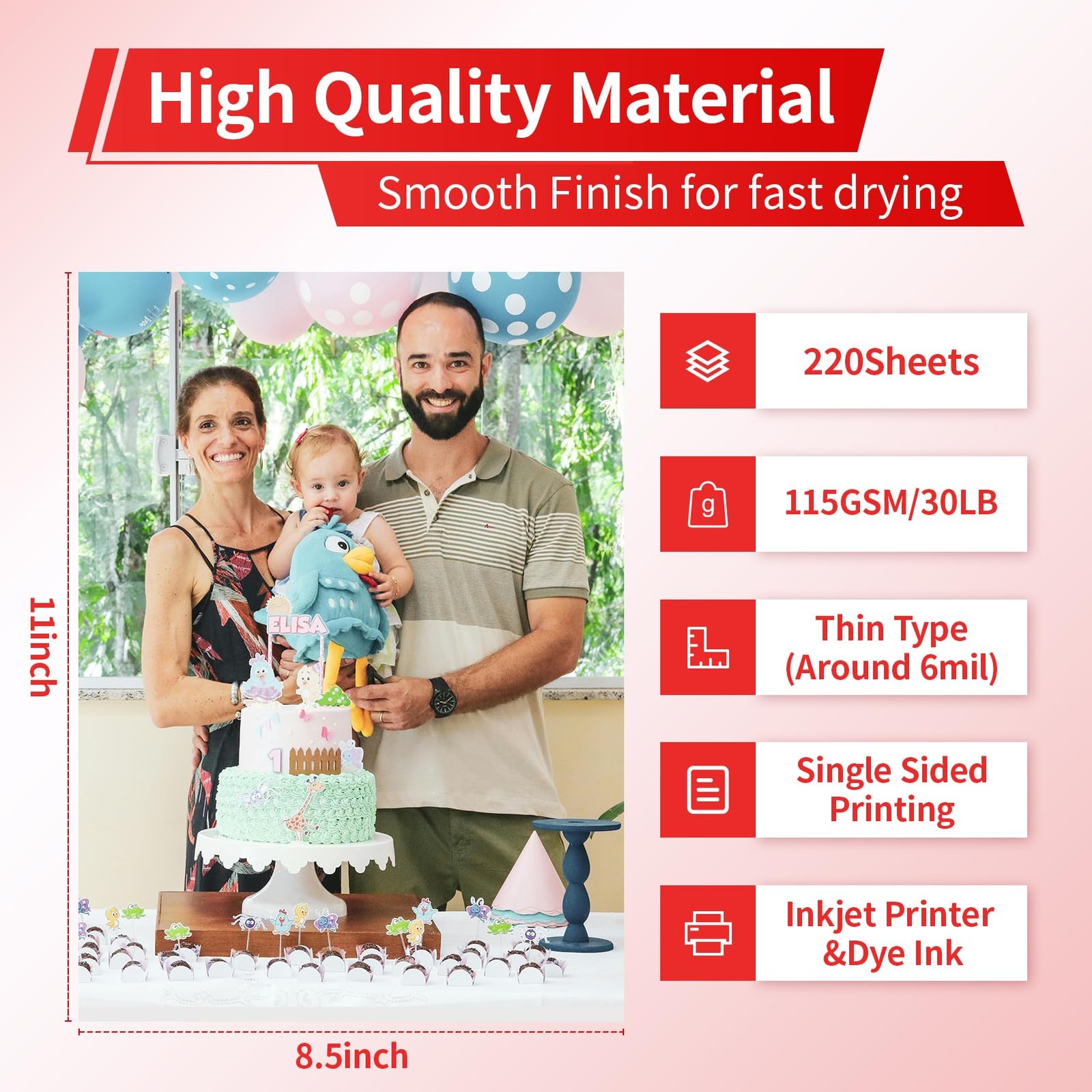 220 Sheets Glossy Thin Inkjet Printer Paper 115gsm 30LB Flyer 8.5×11 Inch