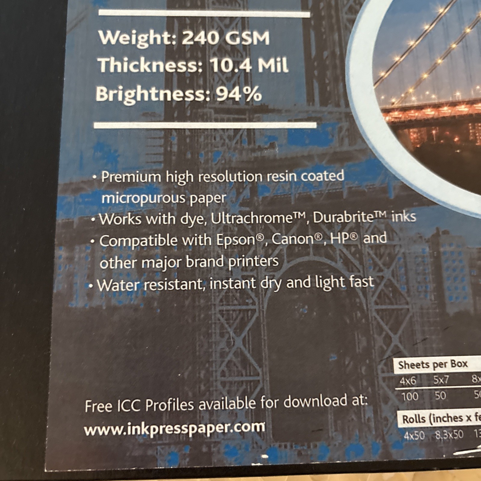 Inkpress Glossy, Single Sided Gloss Surface Inkjet Paper, 240gsm, 10.4 mil., 11x