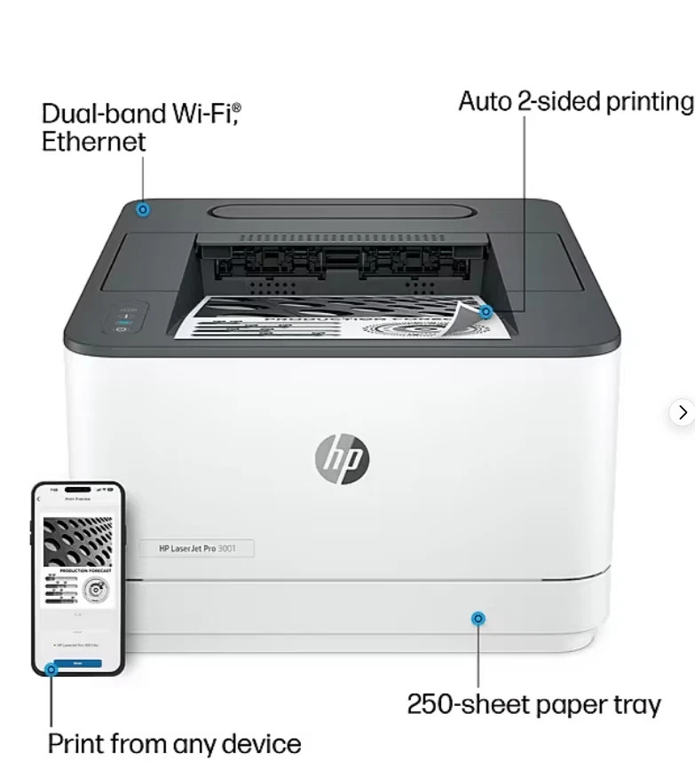 HP LaserJet Pro 3001dw Wireless Monochrome Laser Printer 3G650F Duplex Double Sl