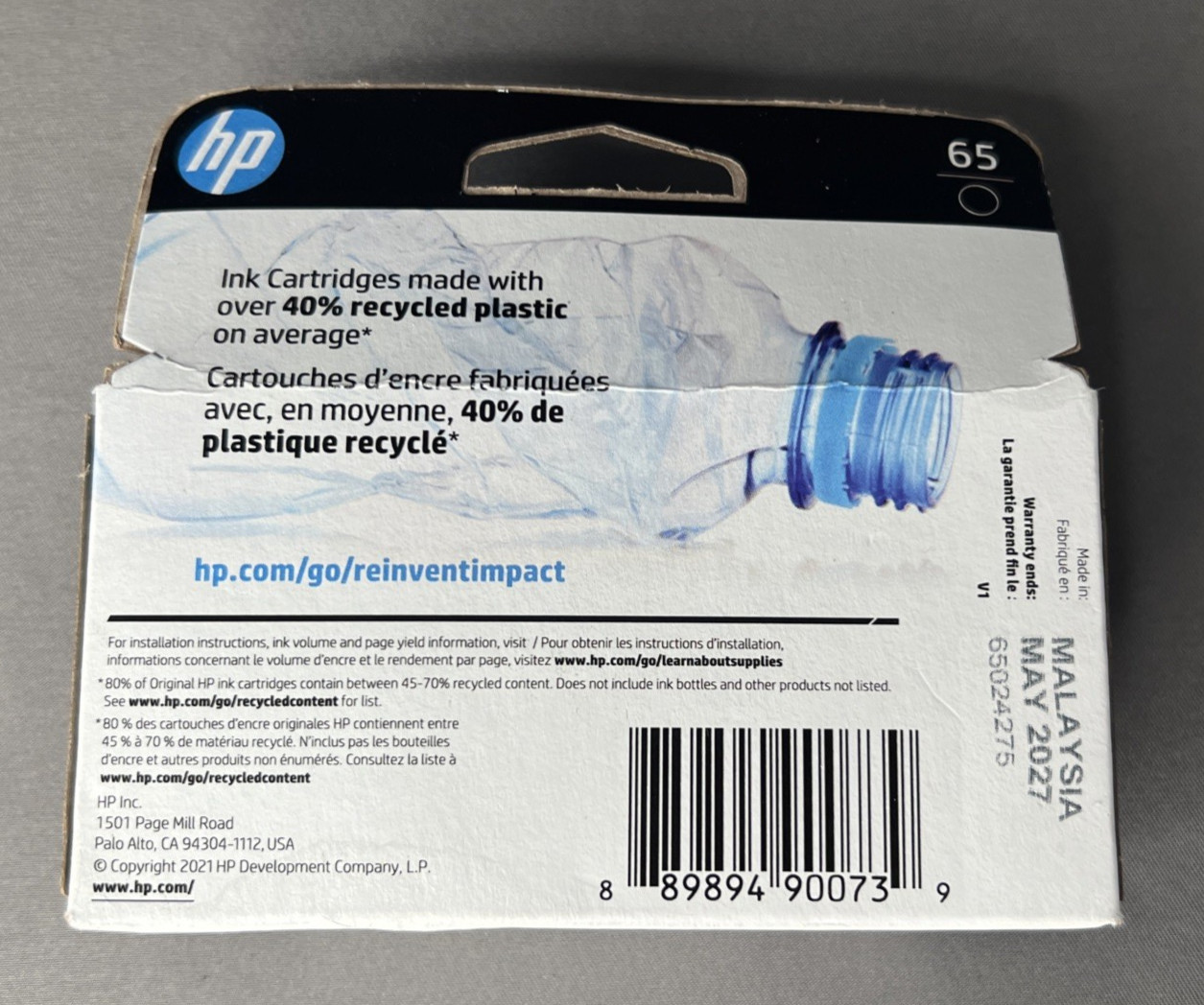 Genuine HP 65 Black Ink Cartridge Exp: May 2027, Box Sealed