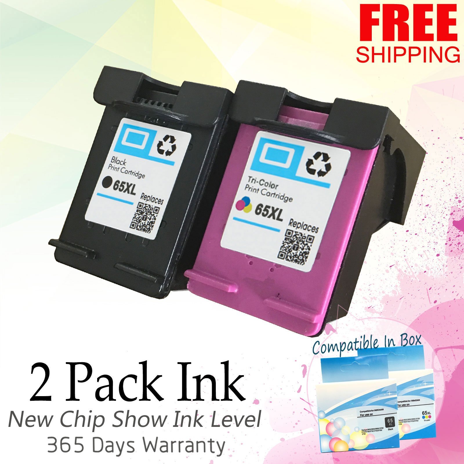 2 Pack Ink Cartridge for HP 65XL DeskJet 2652 2655 3720 3730 3732 3752 3755 3758