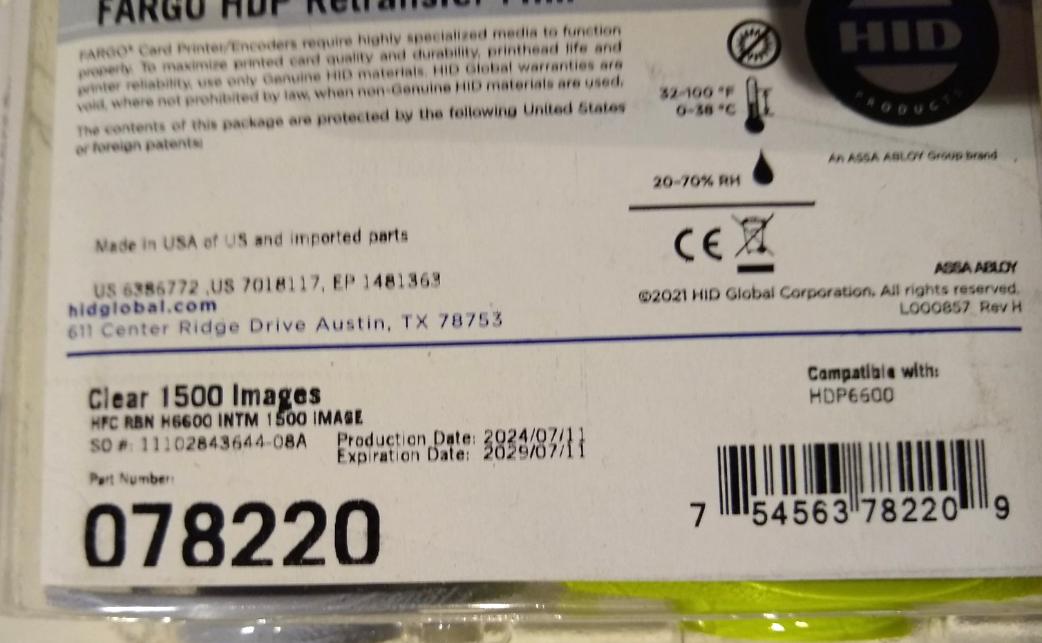 Fargo 84900 078220 HDP Clear Retransfer Film HDP6600 Printers – 1,500 Prints
