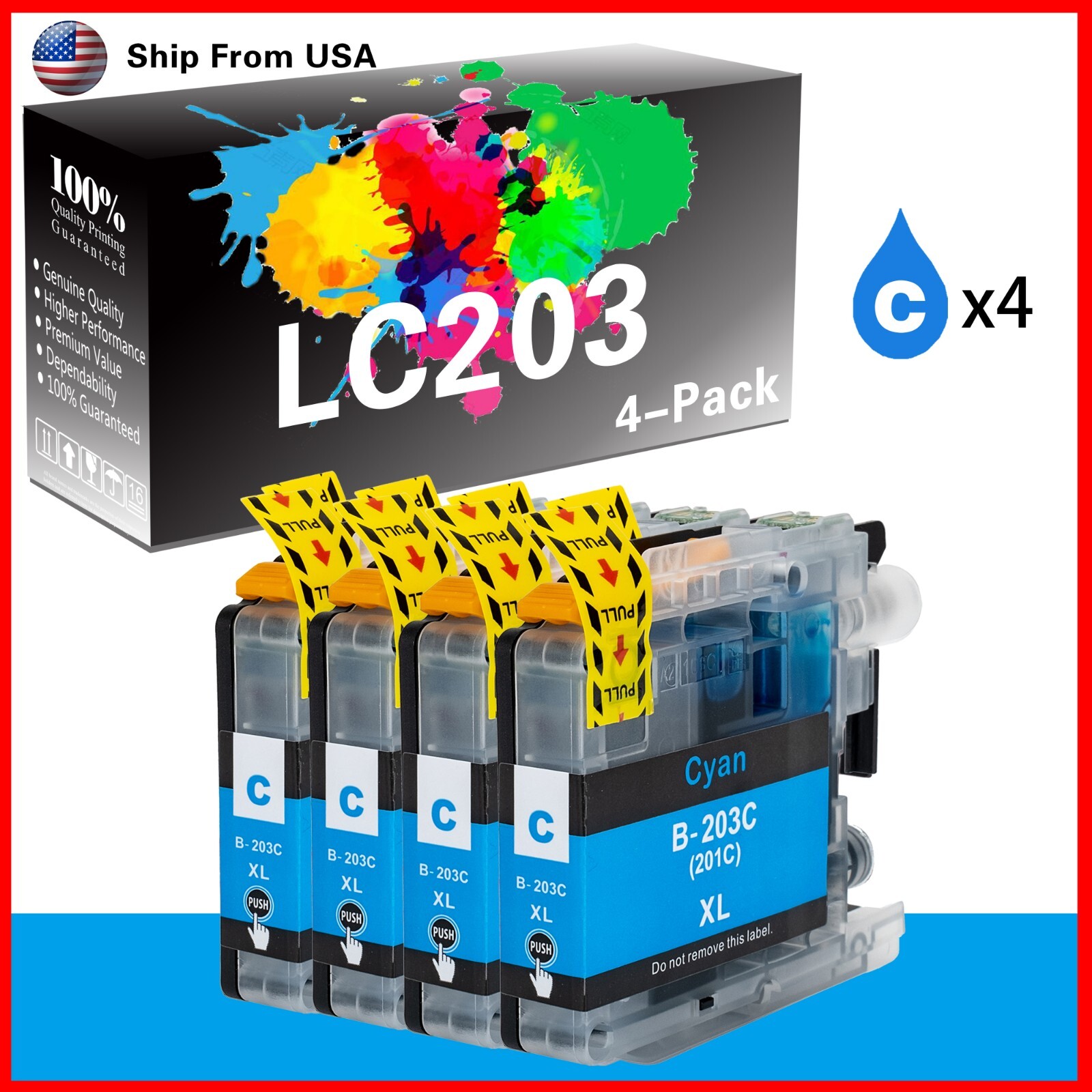 4PK LC-203 LC203XL LC203 Cyan Ink Cartridge for MFC-J4620DW MFC-J460DW Printer